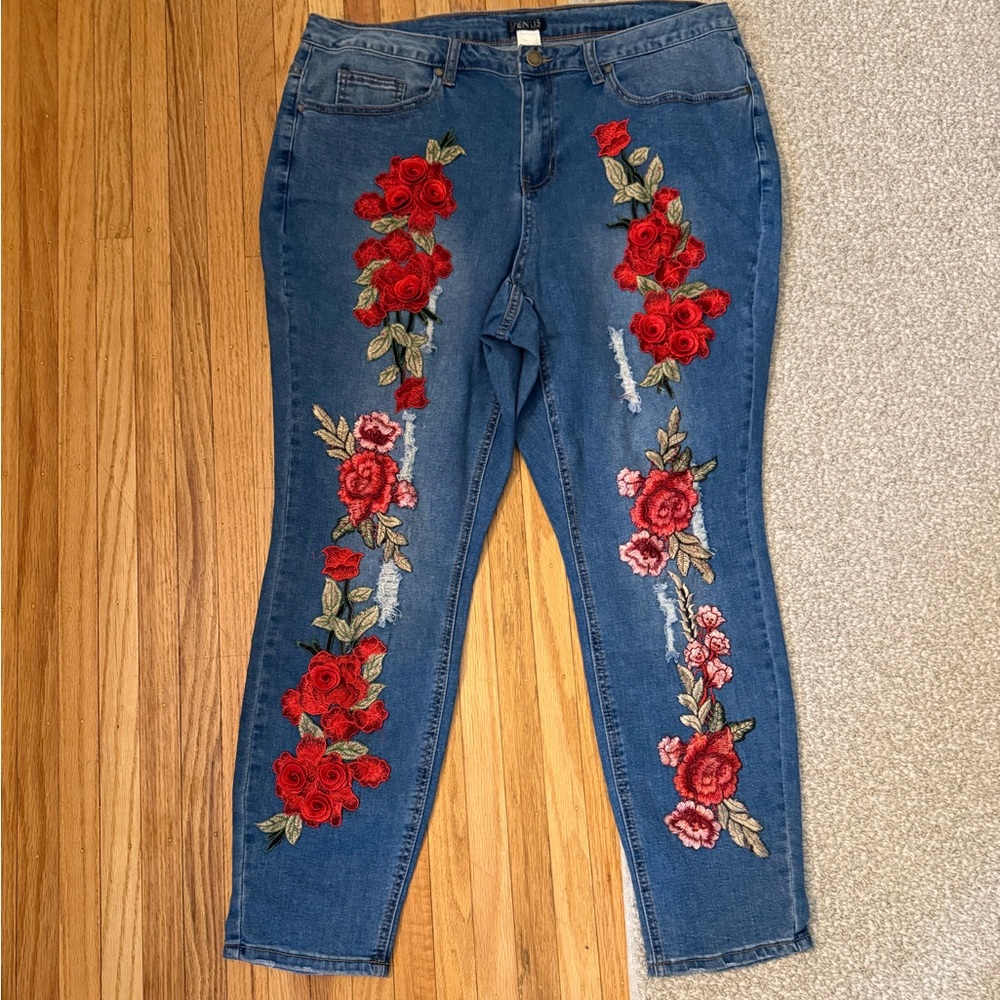 Embroidered Floral Blue Jeans